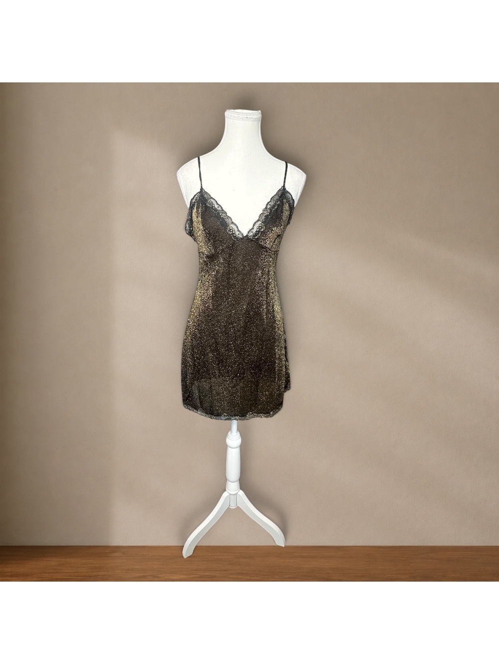 Y2K Victoria’s Secret Metallic Gold Shimmer Lace Slip Dress Babydoll Lingerie